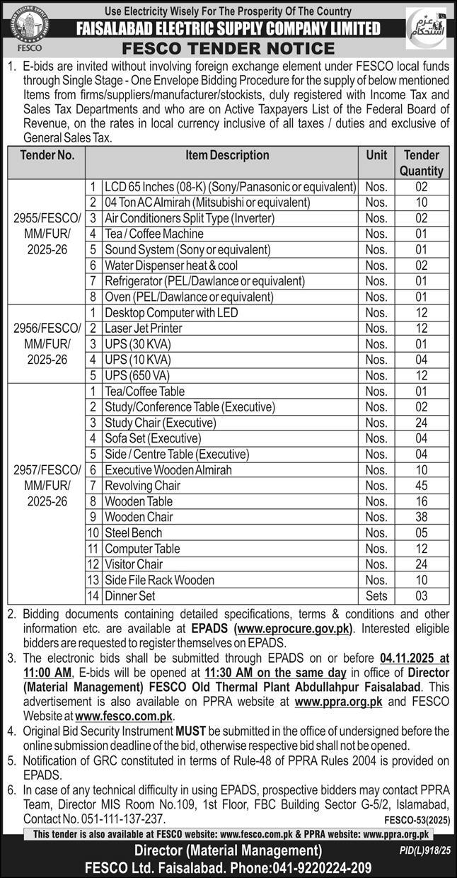 Faisalabad Electric Supply Company Tender Notice